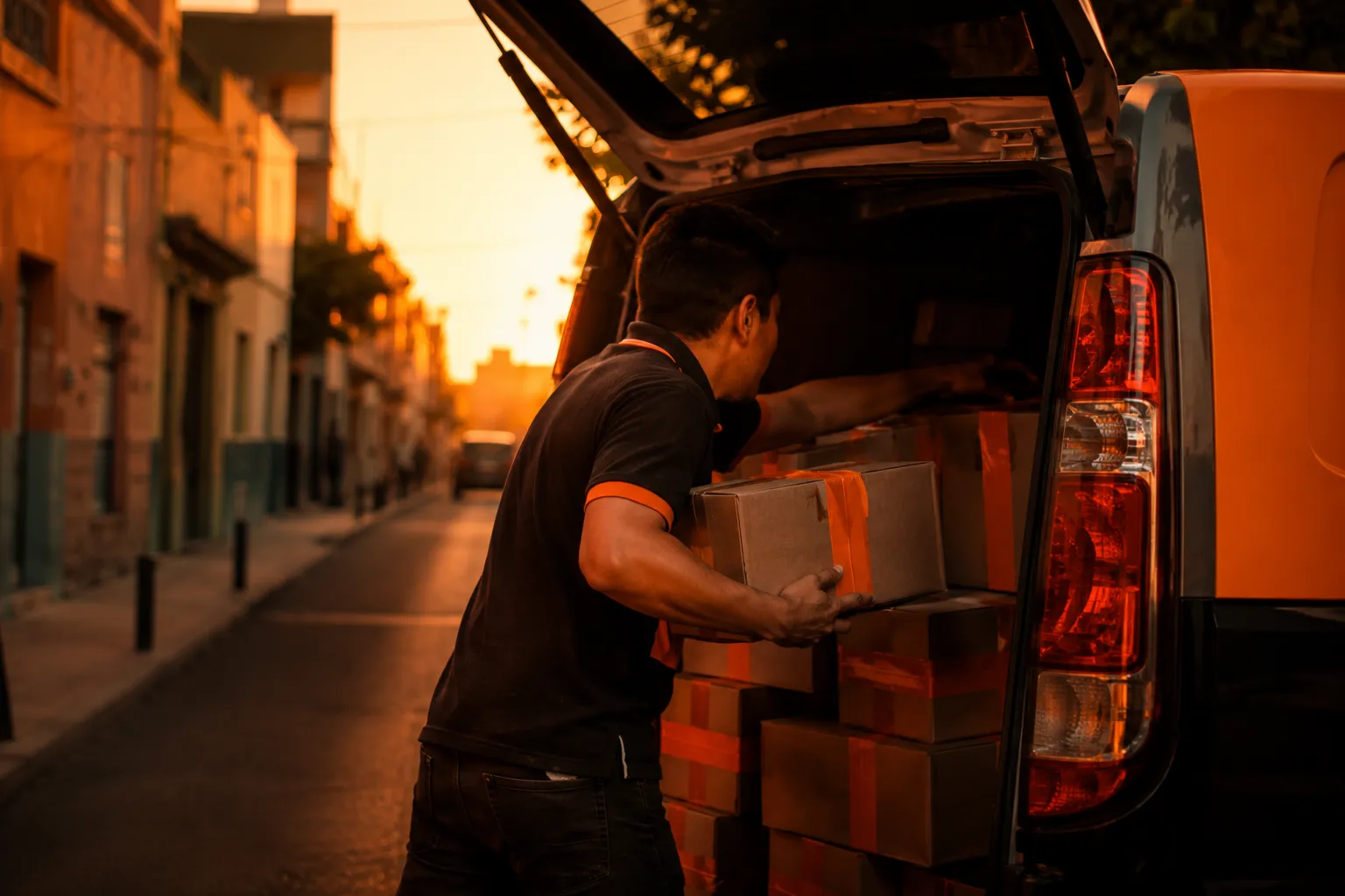 Mensajero entregando envíos de EnviaYa! al atardecer